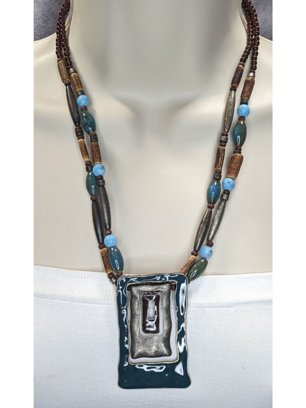 Boho Brutalist Geometric Pendant Necklace Layered Wood Blue Beads Mixed Metal St